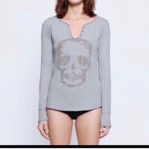 NWT Zadig & Voltaire Long Sleeve Bedazzled skull‎ top grey Gray size Small